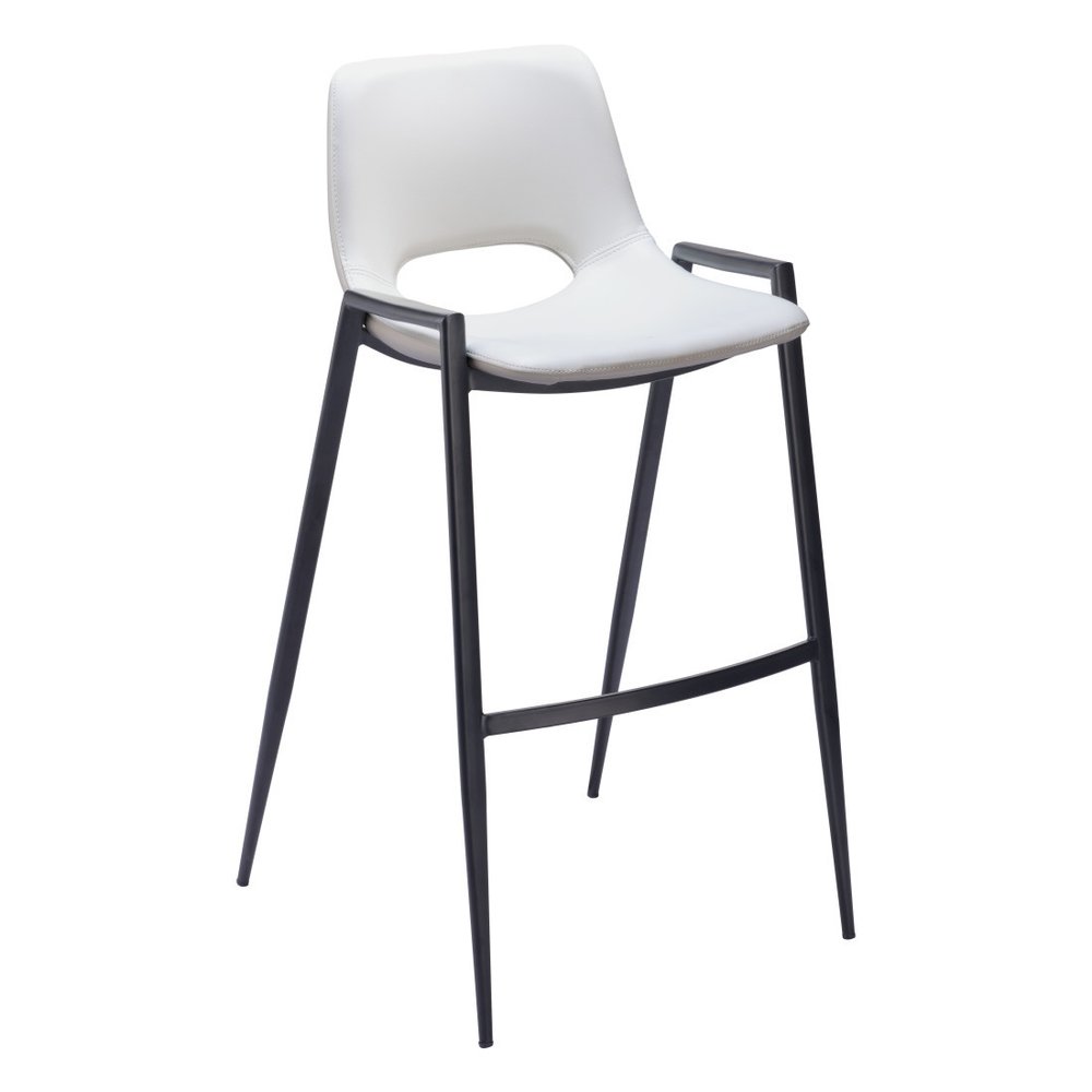 Set of Two 30" White And Black Faux Leather And Fabric And Steel Low Back Bar Height Bar Chairs HomeRoots