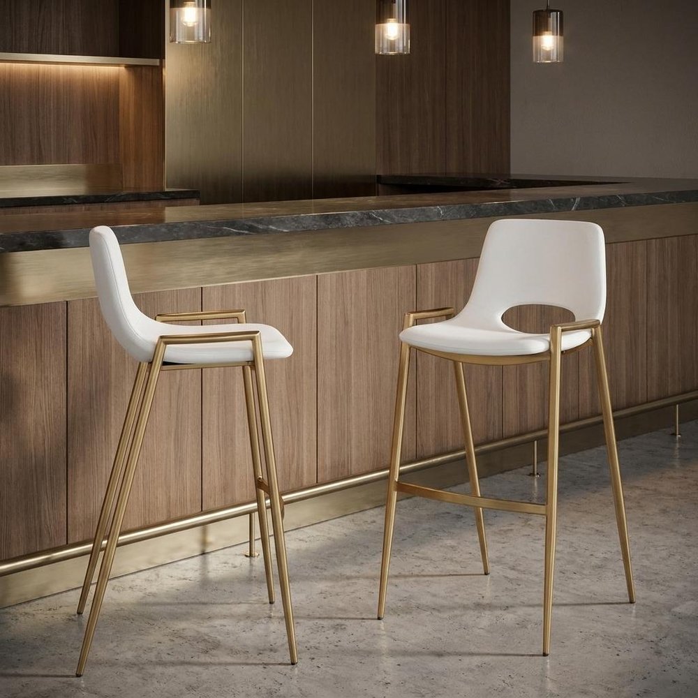 Set of Two 30" Beige And Gold Faux Leather And Fabric And Steel Low Back Bar Height Bar Chairs — view 10