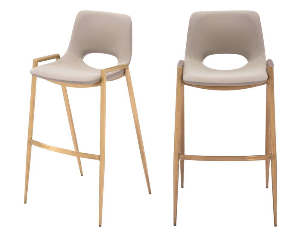 Set of Two 30" Beige And Gold Faux Leather And Fabric And Steel Low Back Bar Height Bar Chairs HomeRoots