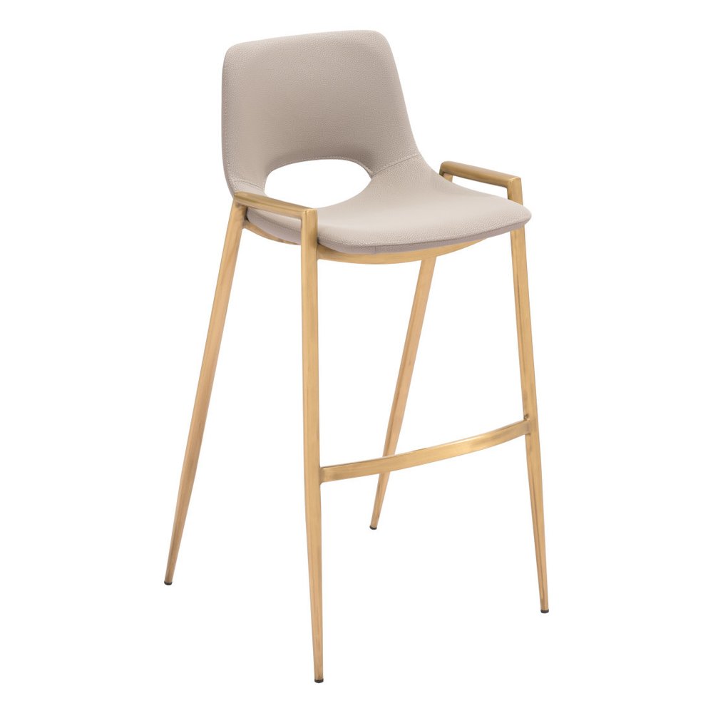 Set of Two 30" Beige And Gold Faux Leather And Fabric And Steel Low Back Bar Height Bar Chairs HomeRoots