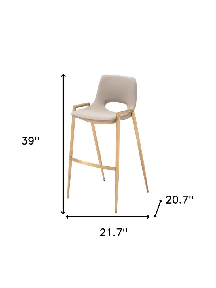 Set of Two 30" Beige And Gold Faux Leather And Fabric And Steel Low Back Bar Height Bar Chairs HomeRoots