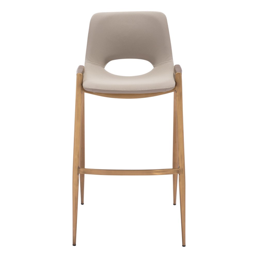 Set of Two 30" Beige And Gold Faux Leather And Fabric And Steel Low Back Bar Height Bar Chairs HomeRoots