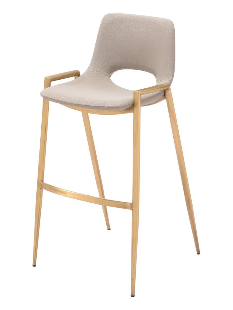 Set of Two 30" Beige And Gold Faux Leather And Fabric And Steel Low Back Bar Height Bar Chairs HomeRoots