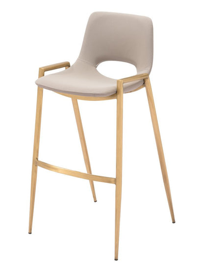 Set of Two 30" Beige And Gold Faux Leather And Fabric And Steel Low Back Bar Height Bar Chairs HomeRoots
