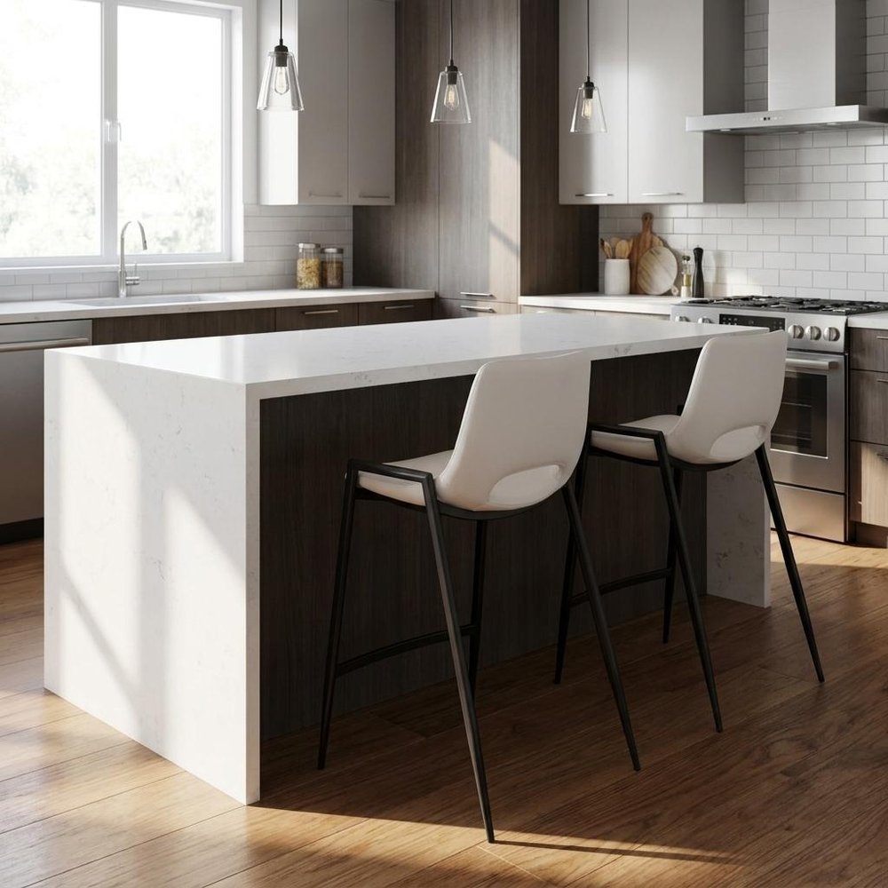 Set of Two 26" White And Black Faux Leather And Fabric And Steel Low Back Counter Height Bar Chairs HomeRoots
