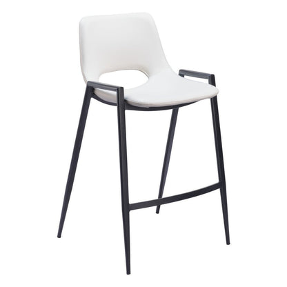 Set of Two 26" White And Black Faux Leather And Fabric And Steel Low Back Counter Height Bar Chairs