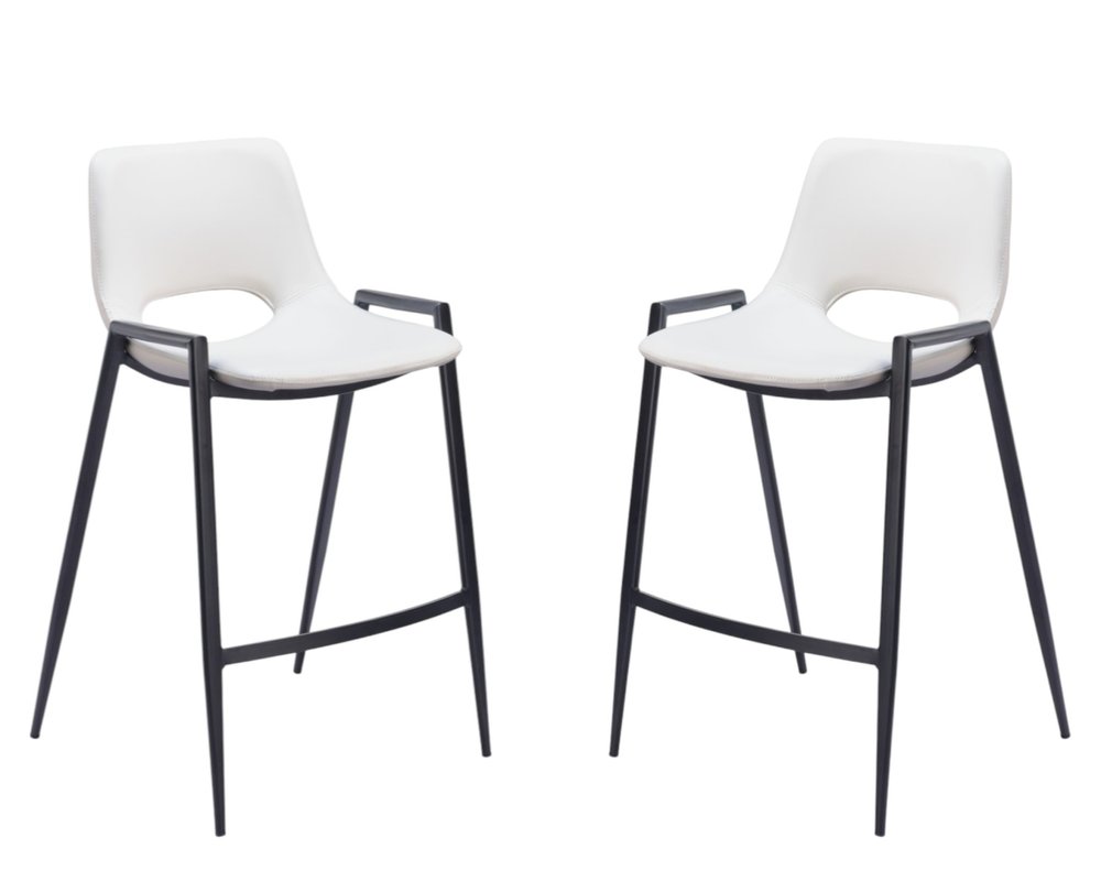 Set of Two 26" White And Black Faux Leather And Fabric And Steel Low Back Counter Height Bar Chairs HomeRoots