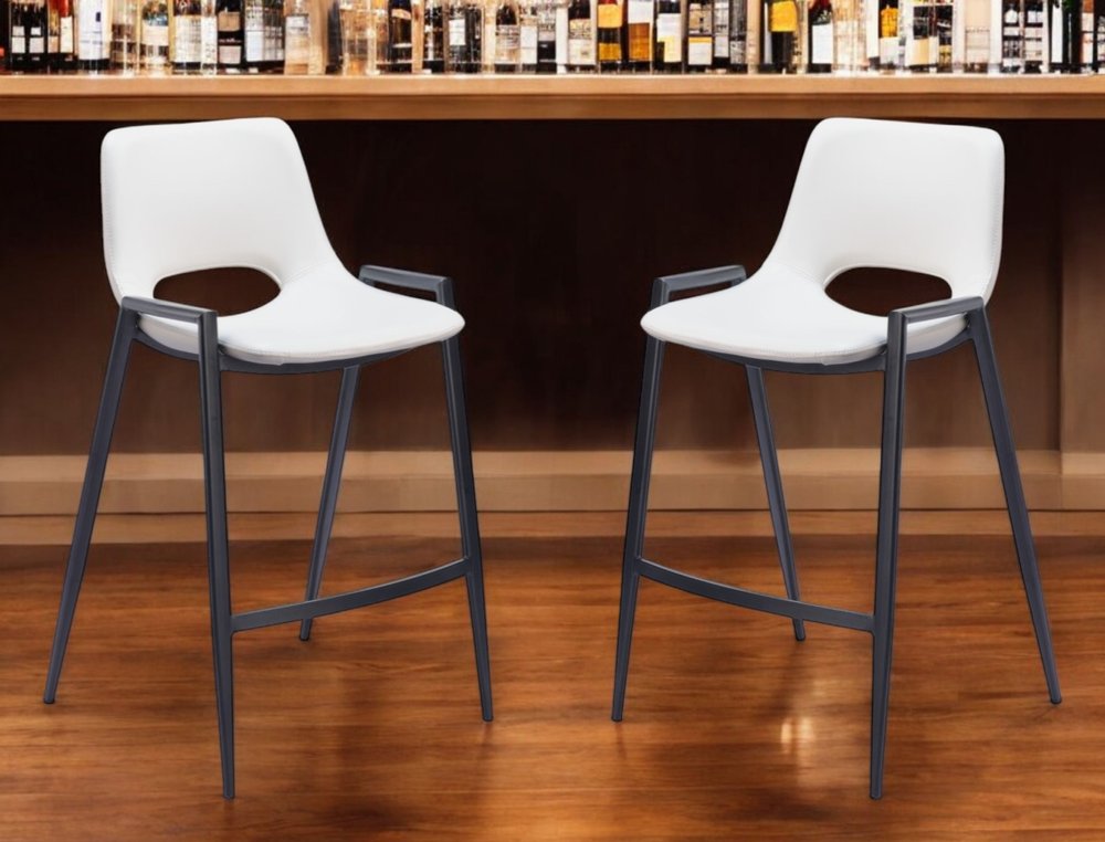 Set of Two 26" White and Black Faux Leather and Steel Low Back Counter Height Bar Chairs HomeRoots