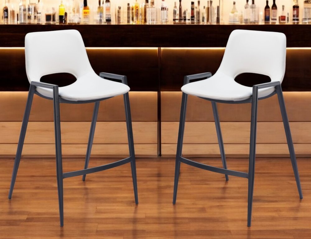 Set of Two 26" White and Black Faux Leather and Steel Low Back Counter Height Bar Chairs HomeRoots