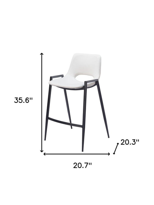 Set of Two 26" White And Black Faux Leather And Fabric And Steel Low Back Counter Height Bar Chairs