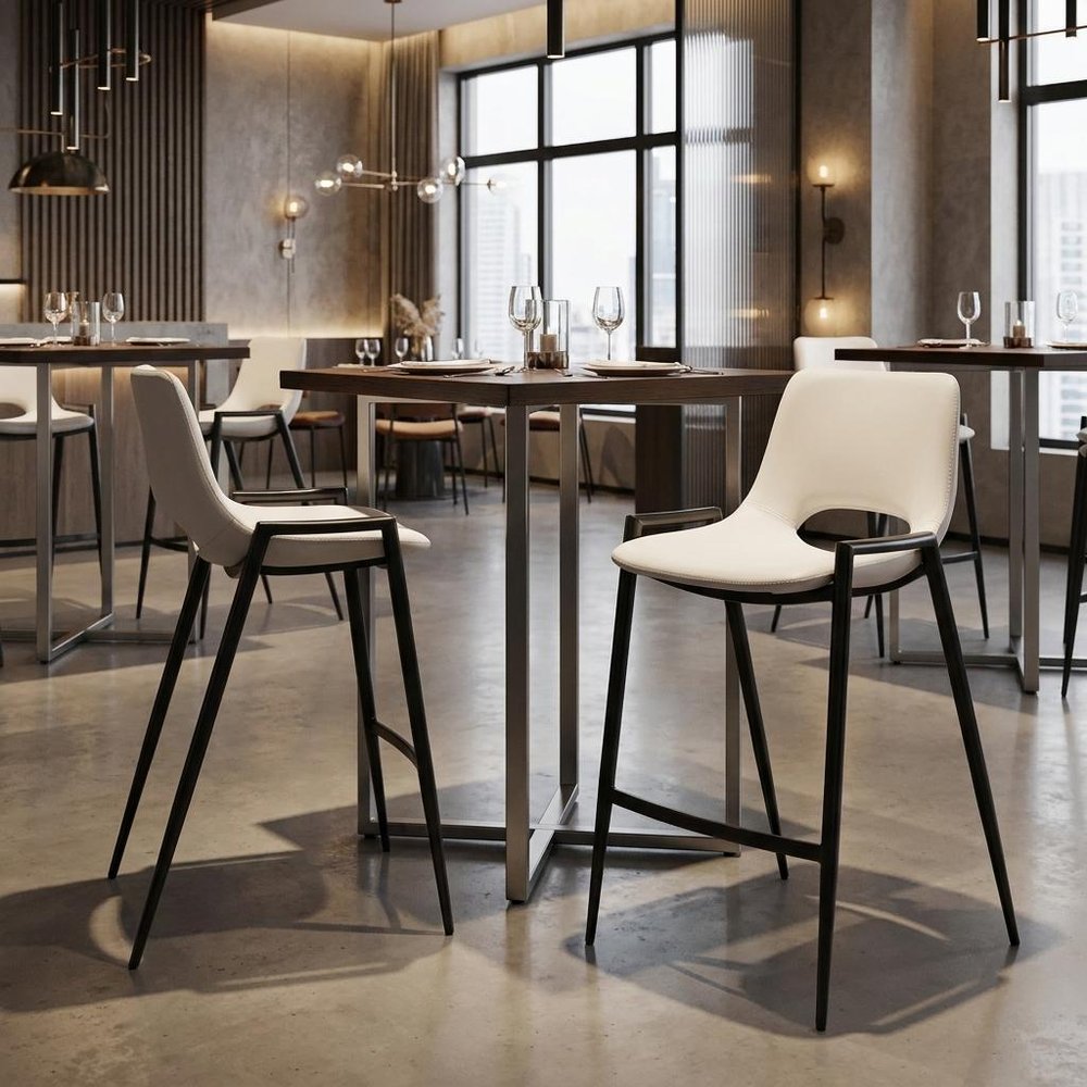 Set of Two 26" White And Black Faux Leather And Fabric And Steel Low Back Counter Height Bar Chairs — view 11