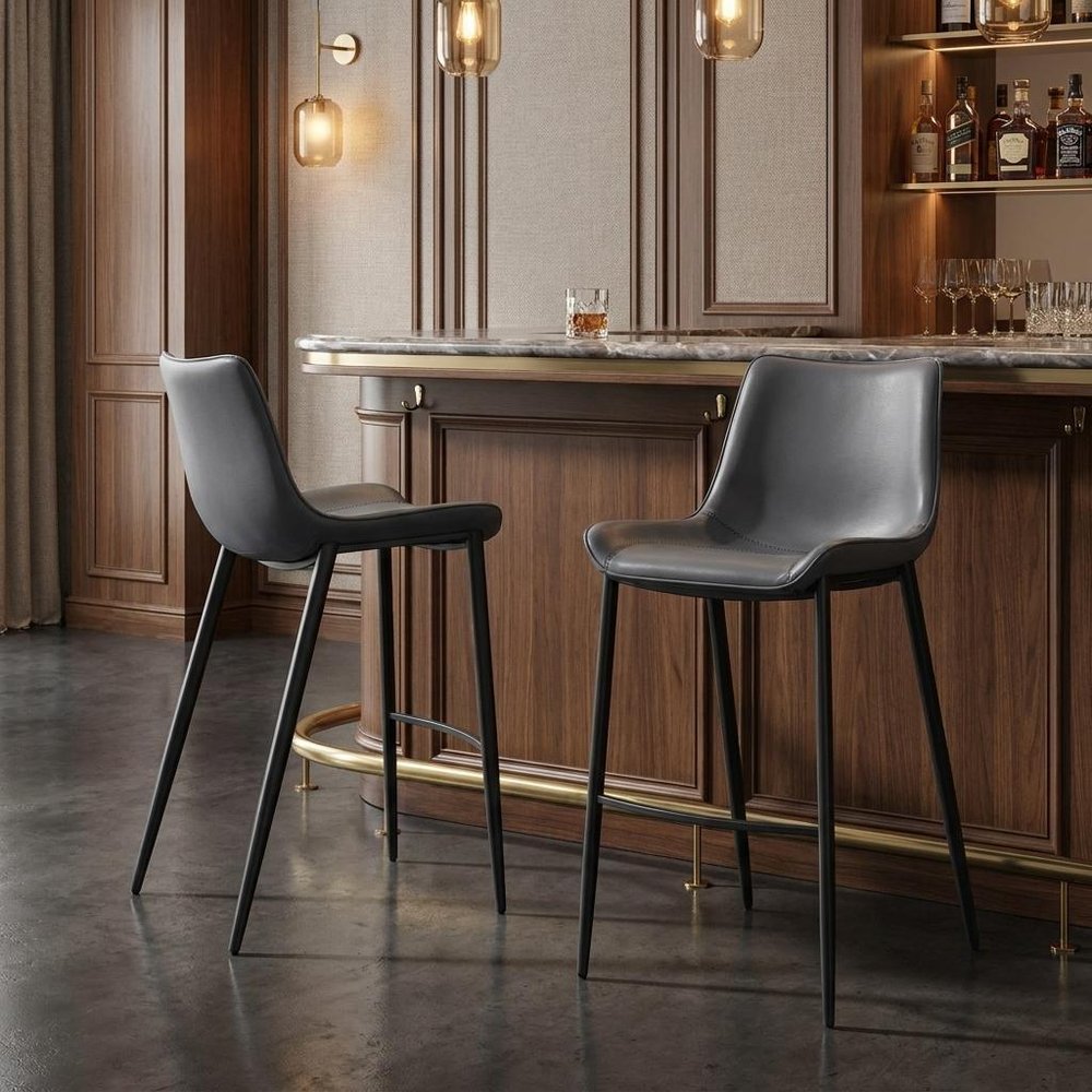 Set of Two 30" Dark Gray And Black Faux Leather And Fabric And Steel Bar Height Bar Chairs — view 13
