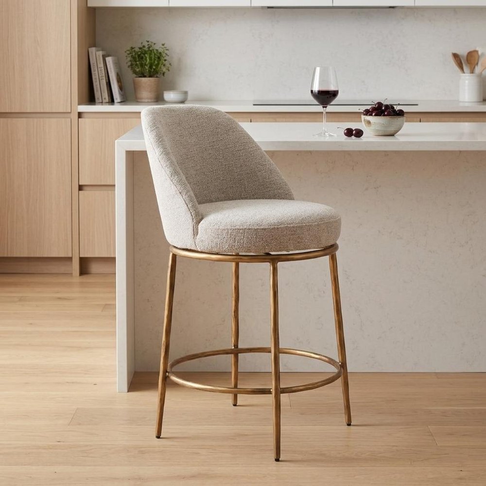 24" Beige And Gold Fabric And Steel Counter Height Swivel Bar Chair HomeRoots