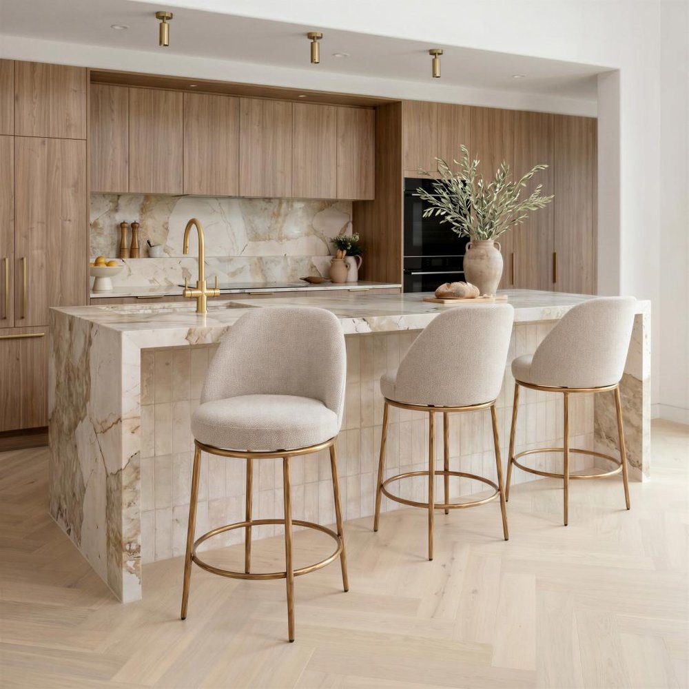 24" Beige And Gold Fabric And Steel Counter Height Swivel Bar Chair — view 11