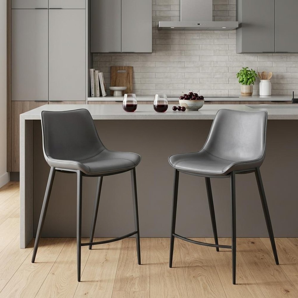Set of Two 26" Dark Gray And Black Faux Leather And Fabric And Steel Counter Height Bar Chairs HomeRoots
