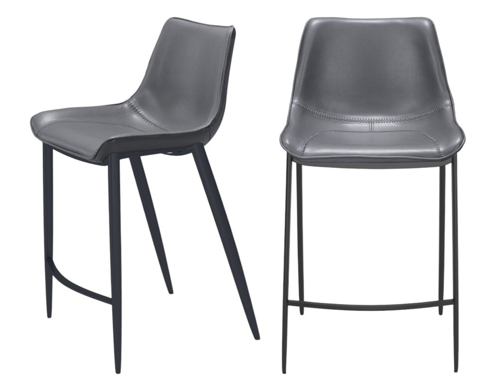 Set of Two 26" Dark Gray And Black Faux Leather And Fabric And Steel Counter Height Bar Chairs HomeRoots