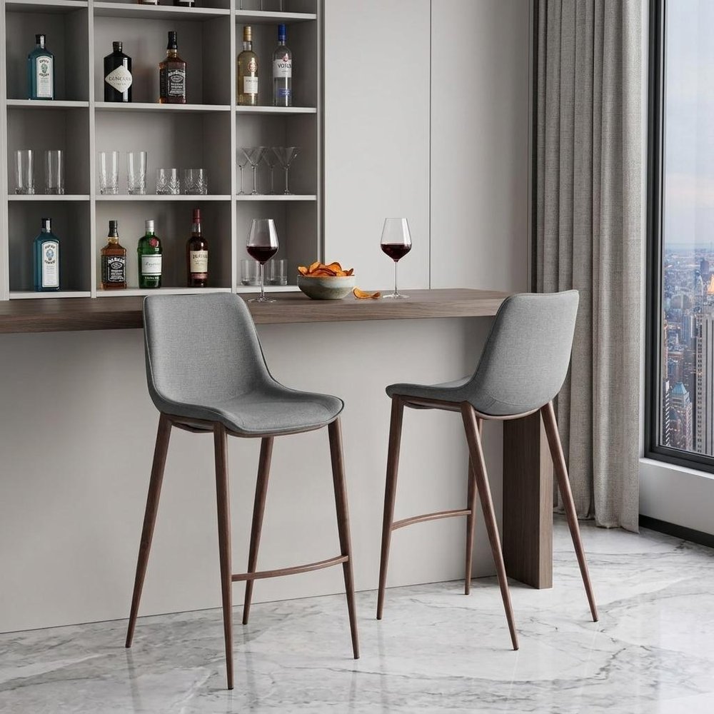 Set of Two 30" Slate Gray And Brown Faux Leather And Fabric And Steel Bar Height Bar Chairs HomeRoots