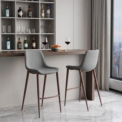 Set of Two 30" Slate Gray And Brown Faux Leather And Fabric And Steel Bar Height Bar Chairs HomeRoots