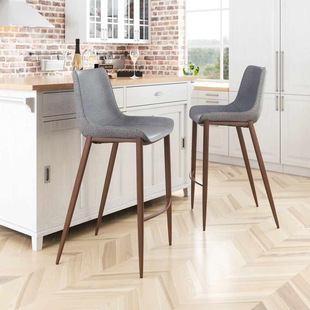 Set of Two 30" Slate Gray and Brown Faux Leather and Steel Bar Height Bar Chairs HomeRoots