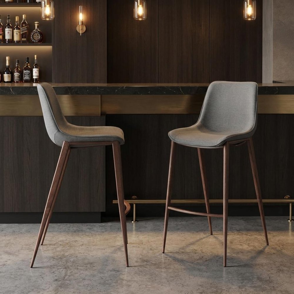 Set of Two 30" Slate Gray And Brown Faux Leather And Fabric And Steel Bar Height Bar Chairs HomeRoots