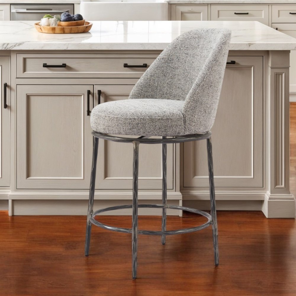 24" Gray And Black Fabric And Steel Counter Height Swivel Bar Chair HomeRoots
