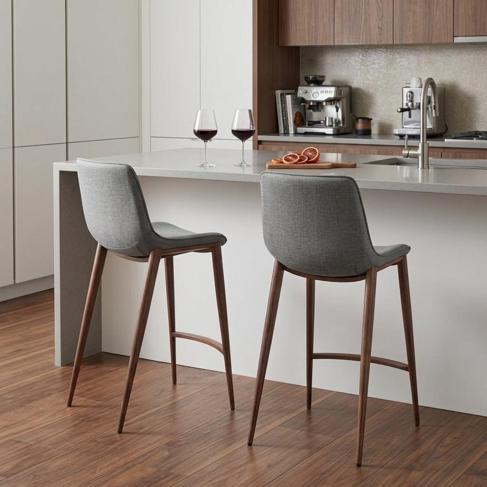 Set of Two 26" Slate Gray And Brown Faux Leather And Fabric And Steel Counter Height Bar Chairs HomeRoots