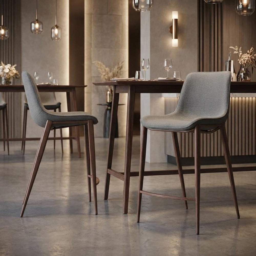 Set of Two 26" Slate Gray And Brown Faux Leather And Fabric And Steel Counter Height Bar Chairs — view 11