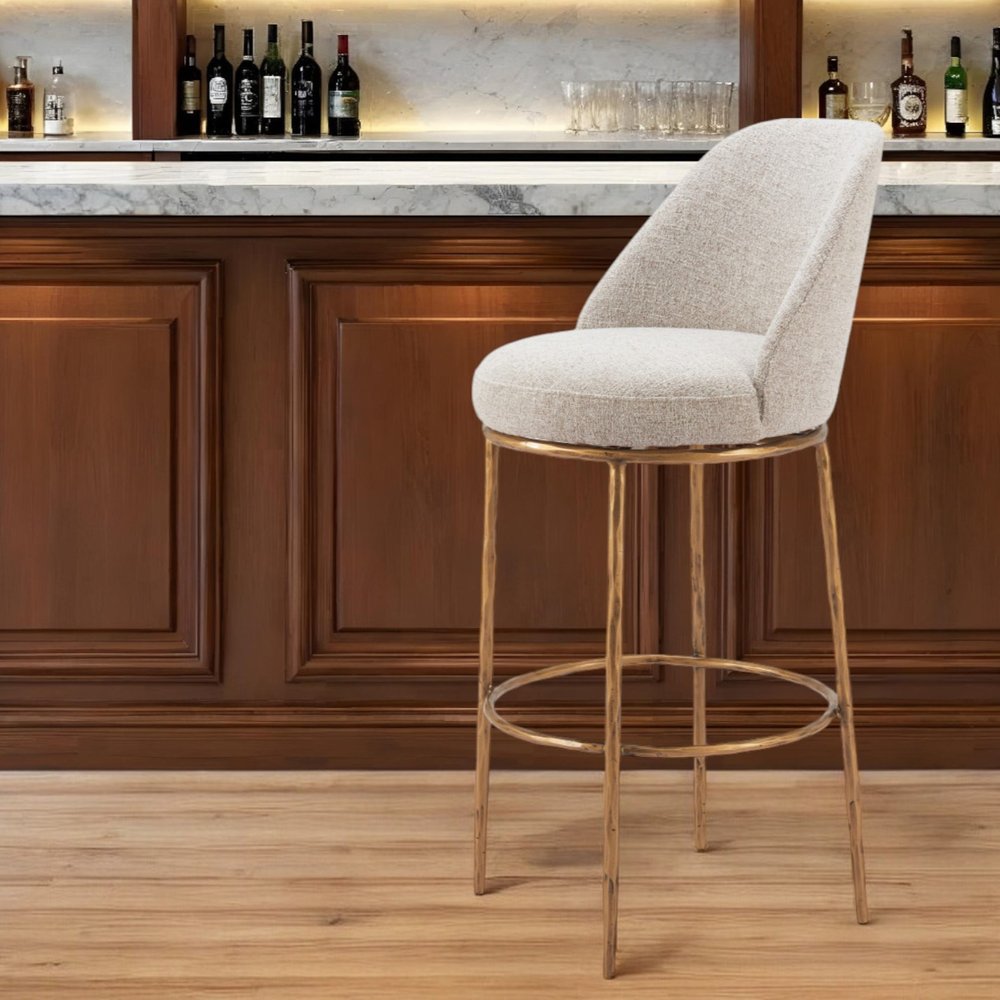 32" Beige And Gold Fabric And Steel Bar Height Swivel Bar Chair HomeRoots
