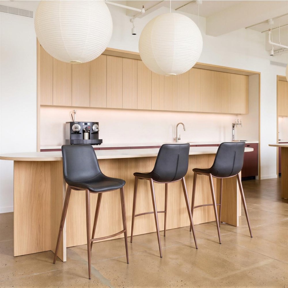 Set of Two 30" Black And Brown Faux Leather And Fabric And Steel Bar Height Bar Chairs HomeRoots