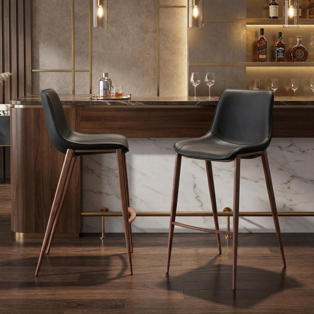Set of Two 30" Black And Brown Faux Leather And Fabric And Steel Bar Height Bar Chairs HomeRoots