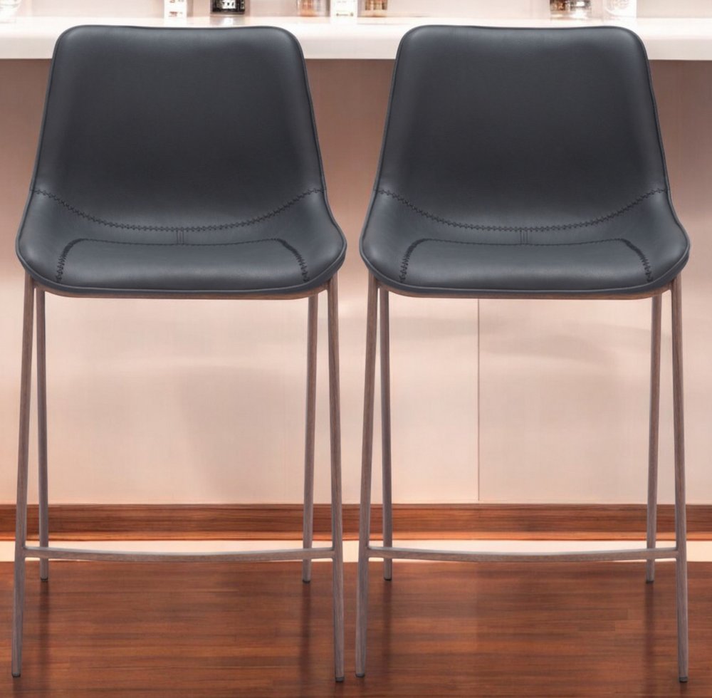 Set of Two 30" Black And Brown Faux Leather And Steel Bar Height Bar Chairs HomeRoots