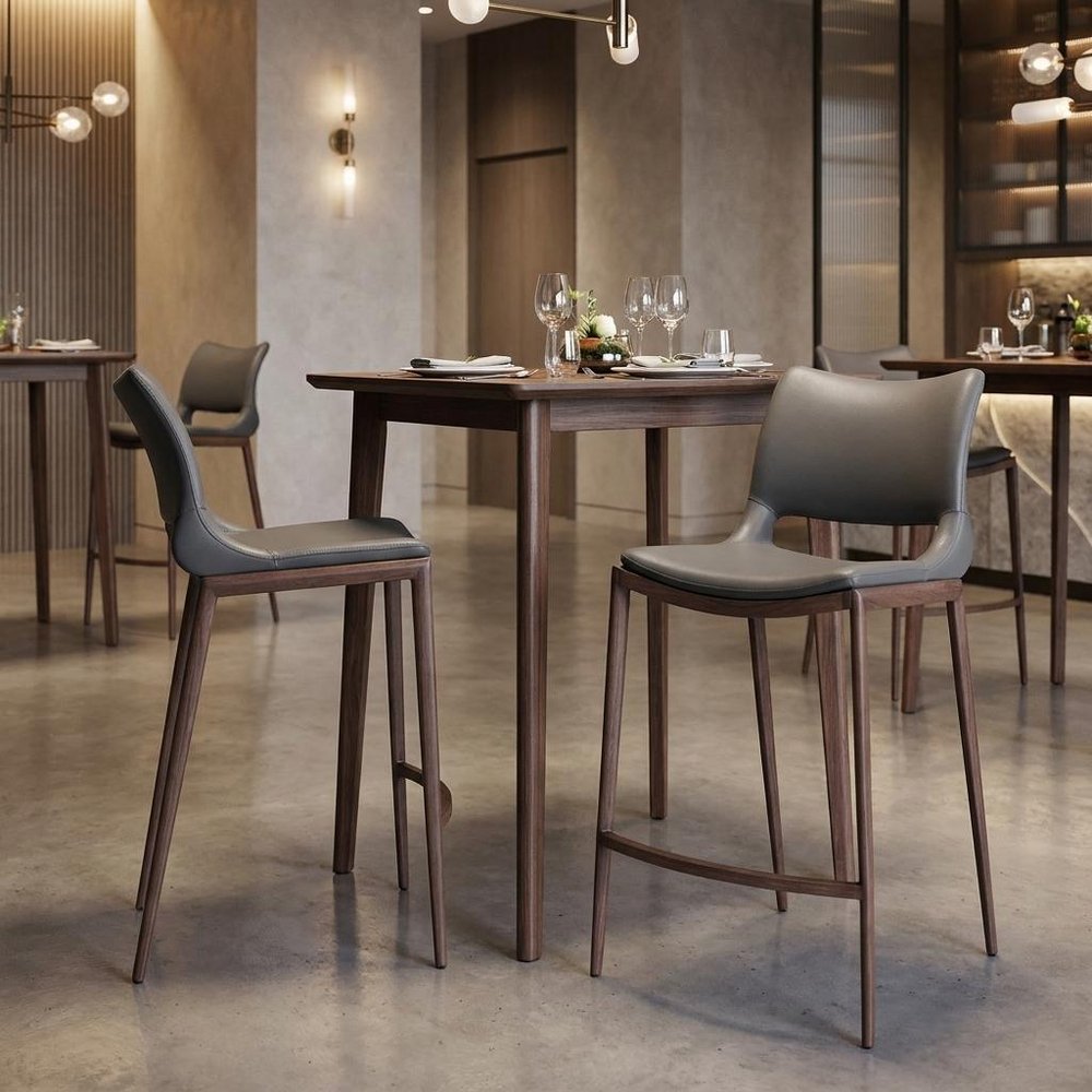 Set of Two 25" Dark Gray And Brown Faux Leather And Fabric And Steel Low Back Counter Height Bar Chairs — view 12