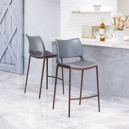 Set of Two 25" Dark Gray and Brown Faux Leather and Steel Low Back Counter Height Bar Chairs HomeRoots