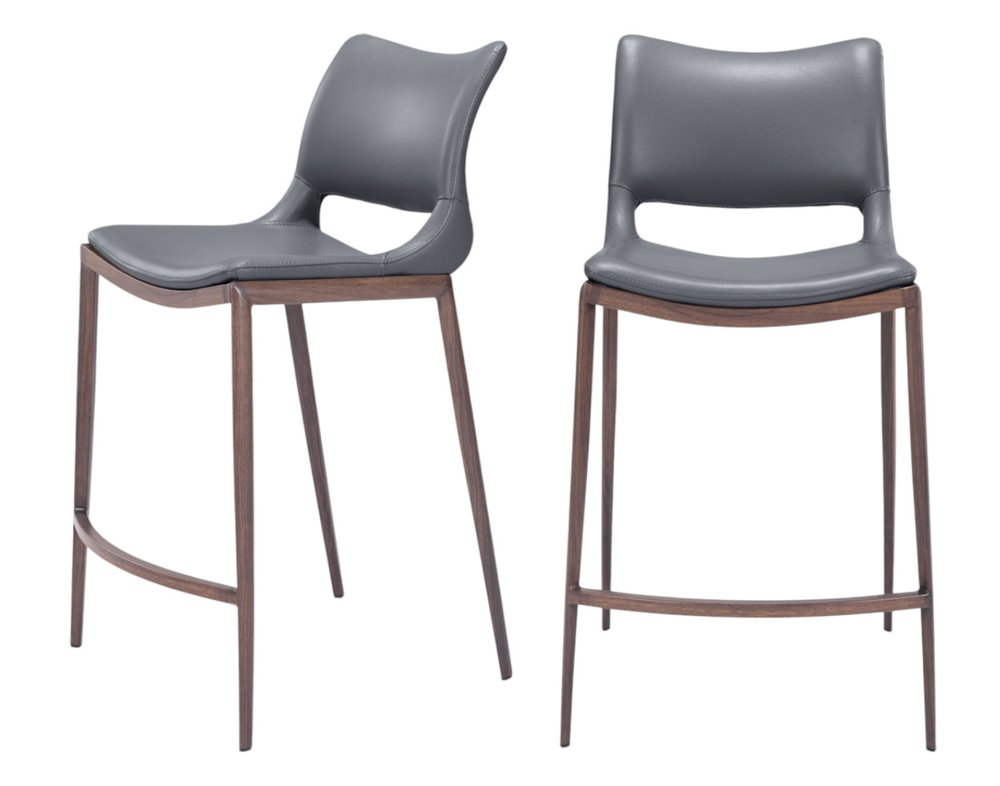 Set of Two 25" Dark Gray And Brown Faux Leather And Fabric And Steel Low Back Counter Height Bar Chairs HomeRoots