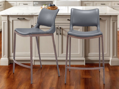 Set of Two 25" Dark Gray And Brown Faux Leather And Fabric And Steel Low Back Counter Height Bar Chairs HomeRoots