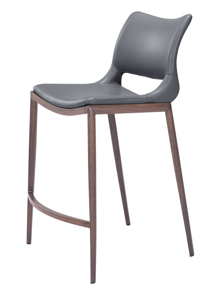 Set of Two 25" Dark Gray And Brown Faux Leather And Fabric And Steel Low Back Counter Height Bar Chairs HomeRoots