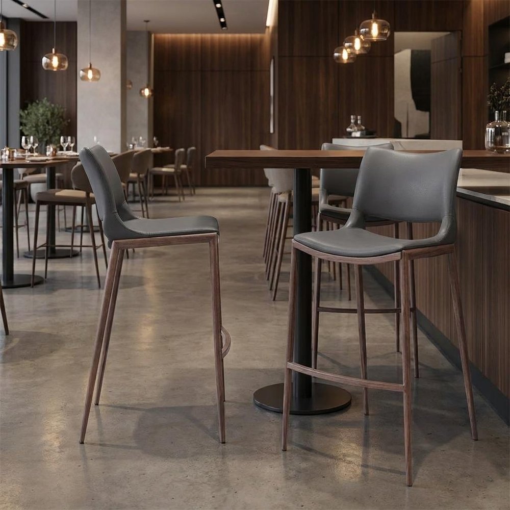 Set of Two 29" Dark Gray And Walnut Faux Leather And Steel Low Back Counter Height Bar Chairs HomeRoots