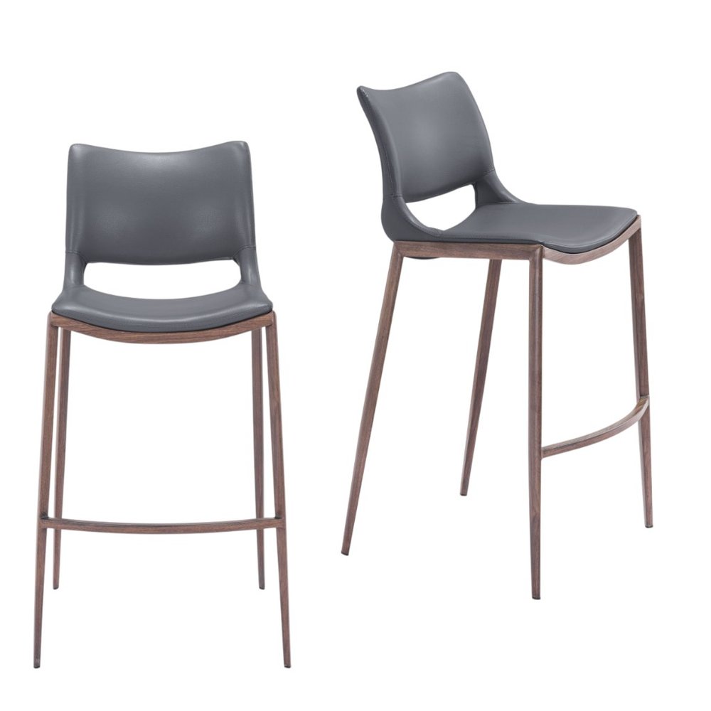 Set of Two 29" Dark Gray And Walnut Faux Leather And Steel Low Back Counter Height Bar Chairs HomeRoots