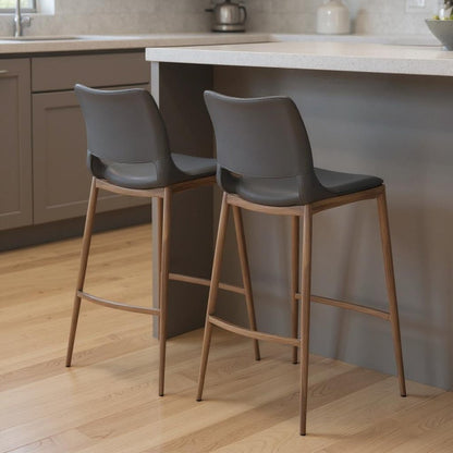 Set of Two 29" Dark Gray And Walnut Faux Leather And Steel Low Back Counter Height Bar Chairs HomeRoots