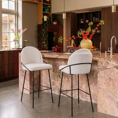 Set of Two 30" Ivory And Black Shearling And Fabric And Steel Bar Height Bar Chairs HomeRoots
