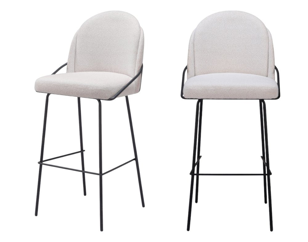 Set of Two 30" Ivory And Black Shearling And Fabric And Steel Bar Height Bar Chairs HomeRoots