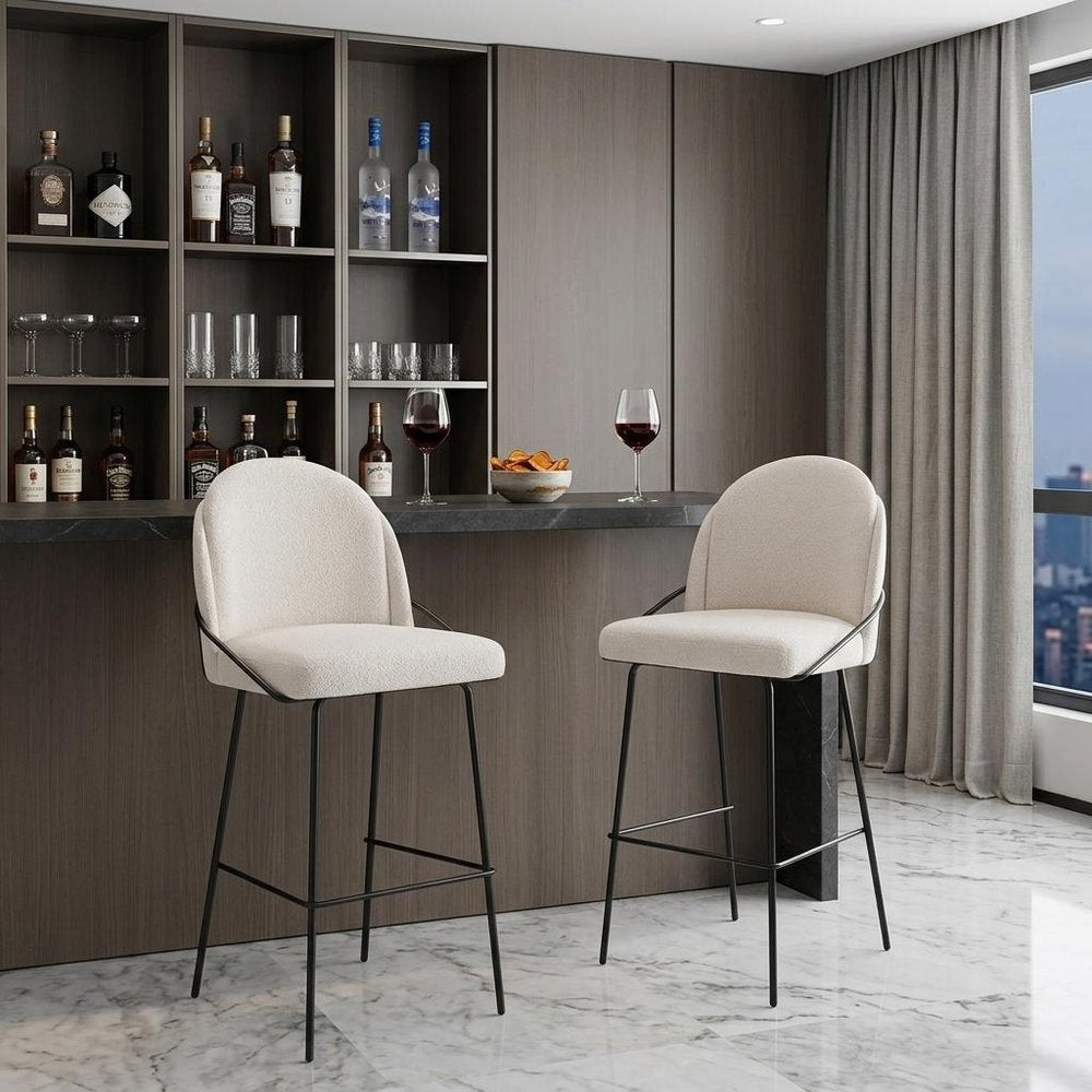 Set of Two 30" Ivory And Black Shearling And Fabric And Steel Bar Height Bar Chairs HomeRoots
