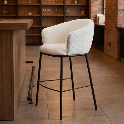 30" Ivory And Black Shearling And Fabric And Steel Bar Height Bar Chair HomeRoots