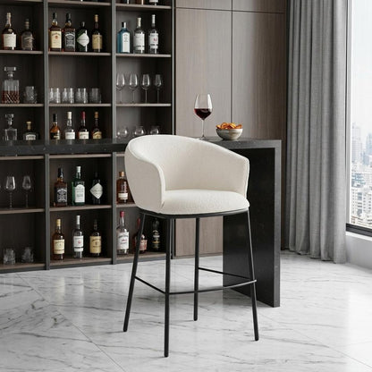 30" Ivory And Black Shearling And Fabric And Steel Bar Height Bar Chair HomeRoots