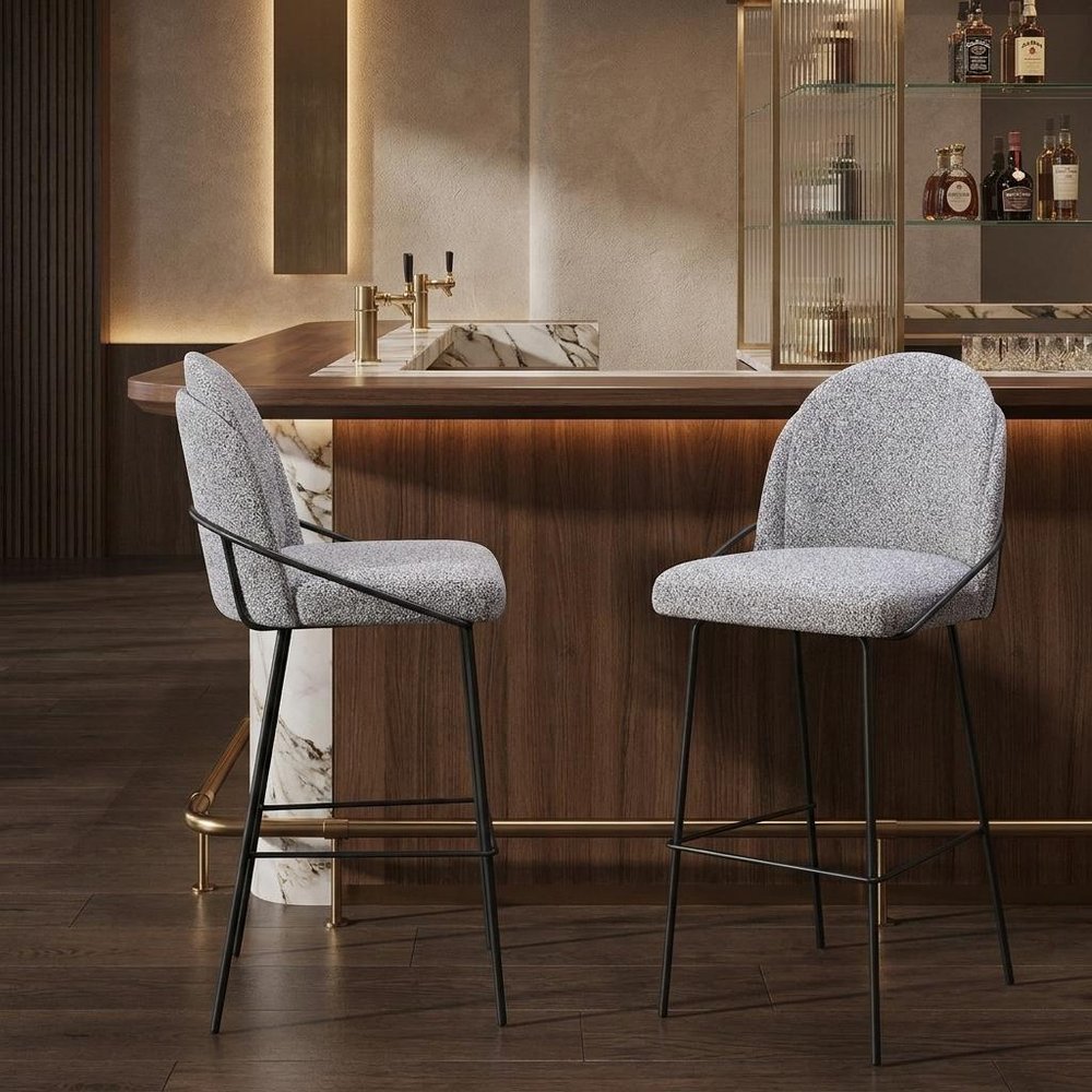 Set of Two 30" Light Gray And Black Shearling And Fabric And Steel Bar Height Bar Chairs — view 11