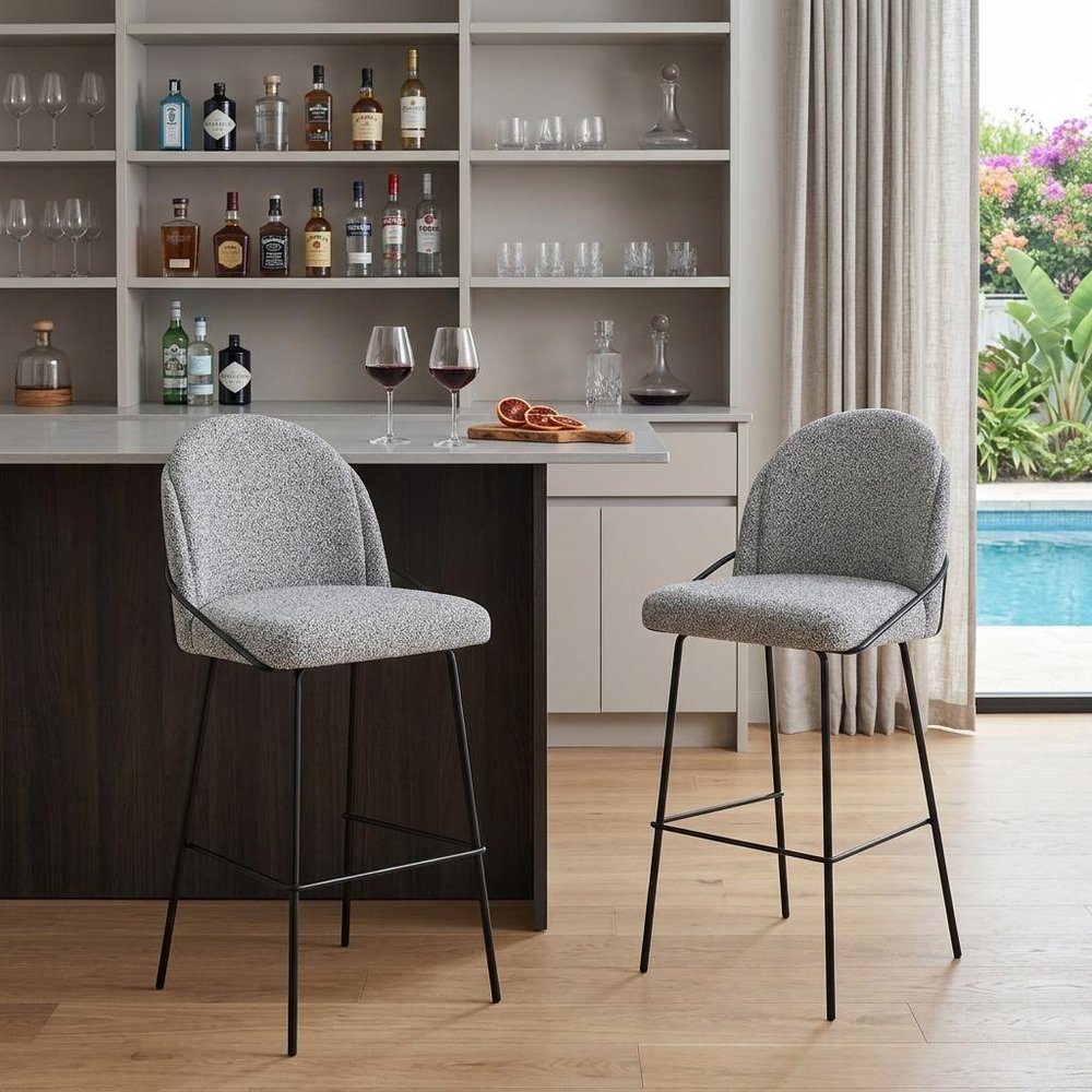 Set of Two 30" Light Gray And Black Shearling And Fabric And Steel Bar Height Bar Chairs HomeRoots
