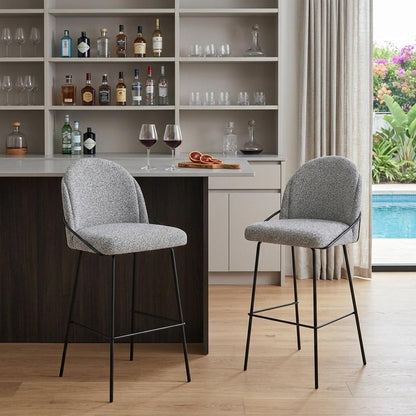 Set of Two 30" Light Gray And Black Shearling And Fabric And Steel Bar Height Bar Chairs HomeRoots