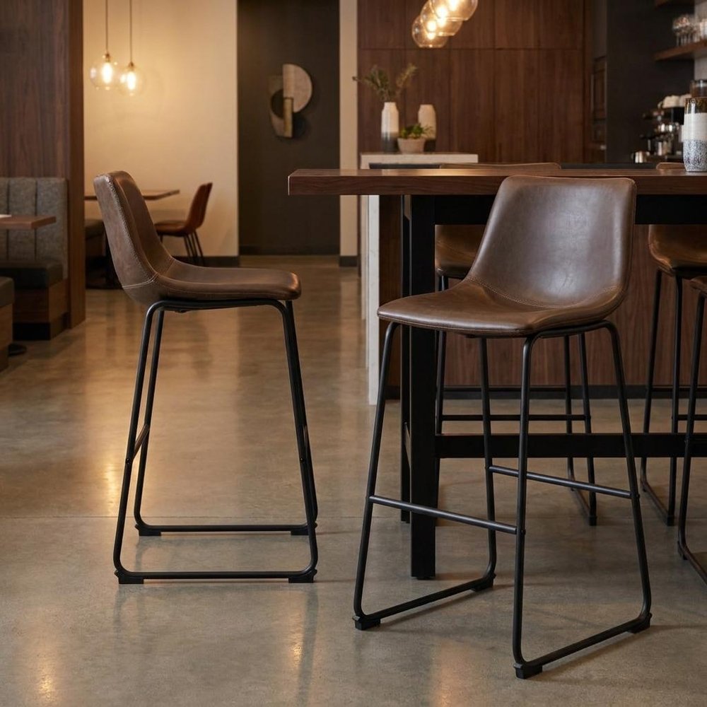 Set of Two 29" Espresso And Black Faux Leather And Steel Counter Height Bar Chairs — view 14
