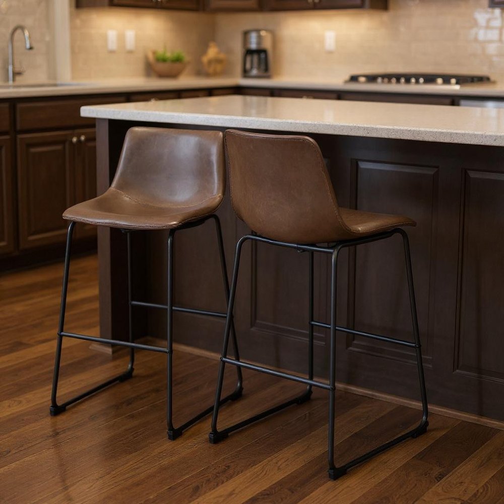 Set of Two 29" Espresso And Black Faux Leather And Steel Counter Height Bar Chairs HomeRoots