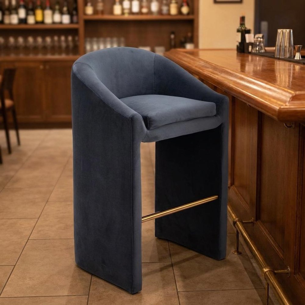 30" Gray And Gold Velvet And Fabric And Steel Low Back Bar Height Bar Chair — view 11